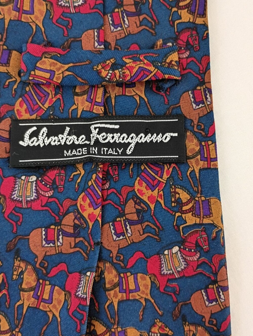 Salvatore Ferragamo Silk Tie Horse Pattern Blue 58" 3.7" Made In Italy Whimsical
